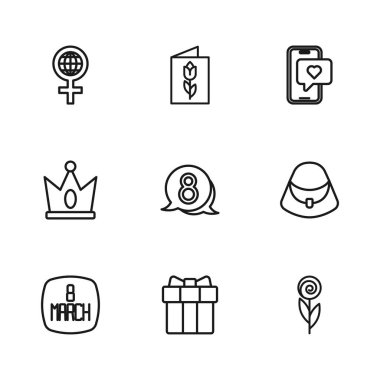 Hediye kutusu ve kalbi ayarla, El Çantası, Çiçek, Konuşma balonunda 8 Mart, Mobile with, Uluslararası Kadınlar Günü, Tebrik kartı ve Kral taç ikonu. Vektör