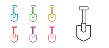 Kürek simgesini beyaz arkaplanda izole et. Bahçe aletleri. Bahçecilik, tarım, çiftçilik aleti. Simgeleri renklendirin. Vektör