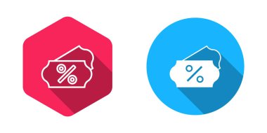 Doldurulmuş ve ana hatları çizilmiş% İndirim etiketi simgesi uzun gölge arkaplanı ile izole edilmiş. Etiket alışverişi. Özel teklif işareti. İndirim kuponları sembolü. Vektör