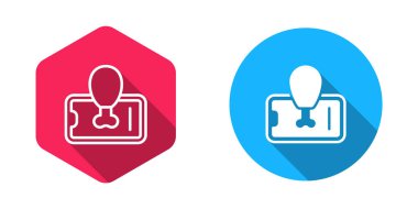 Mobil ikona yemek siparişi vermek için doldurulmuş ve ana hatları çizilmiş uzun gölgeli arka plan. Cep telefonuyla sipariş verin. Restoran yemek teslimatı konsepti. Vektör