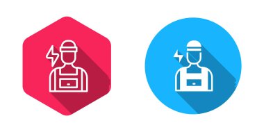 Elektrik teknisyeni ikonu doldurulmuş ve ana hatları çizilmiş uzun gölge arkaplan izole edilmiş. Vektör