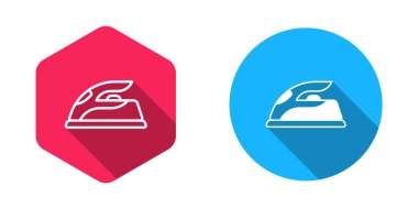 Uzun gölge arkaplan ile izole edilmiş elektrikli demir ikonu. Buhar ütüsü. Vektör