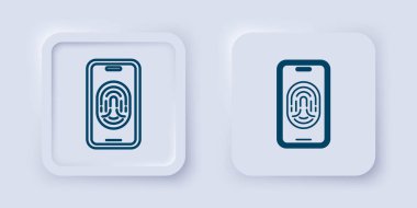 Gri arkaplanda izole edilmiş parmak izi tarayıcı simgesiyle akıllı telefon doldurulmuş ve ana hatları çizilmiş. Güvenlik kavramı, cep telefonundan kişisel erişim. Kare düğmesi. Vektör