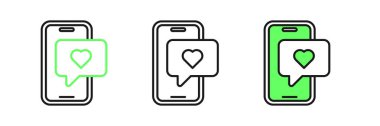 Satır Smartphone 'u kalp emoji konuşma baloncuğu ile ayarla beyaz arkaplanda izole edilmiş ekran simgesine iletin. Sevgililer Günü. Vektör