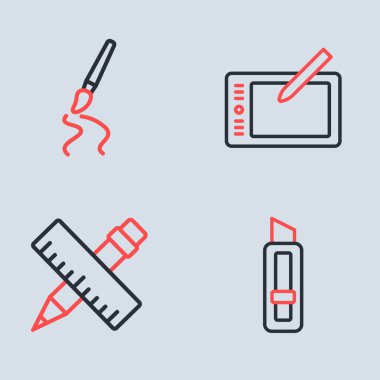 Çizgi tableti, çapraz cetvel ve kalem, kırtasiye bıçağı ve boya fırçası simgesini ayarla. Vektör