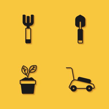 Bahçe yabası, çim biçme makinesi, saksıda bitki ve uzun gölgeli kürek ikonu. Vektör