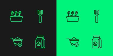 Tohumlarla dolu bir sıra hazırla, El Arabası, Saksıda bitki ve Bahçe yabası ikonu. Vektör