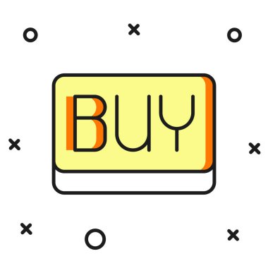 Doldurulmuş ana hatlı Buy düğmesi simgesi beyaz arkaplanda izole edildi. Finansal ve borsa yatırım konsepti. Düz çizgili, gölgeli. Vektör