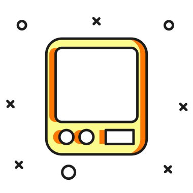 Beyaz arka planda izole edilmiş elektronik kahve ölçekli ikon. Ağırlık ölçüm aletleri. Düz çizgili, gölgeli. Vektör