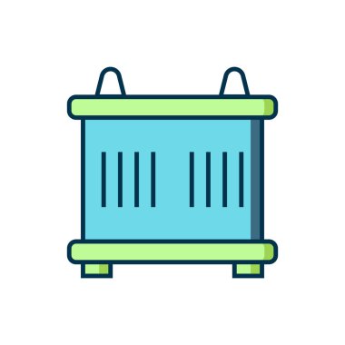 Doldurulmuş konteyner simgesi beyaz arkaplanda izole edildi. Crane içinde kargo olan bir konteynırı kaldırıyor. Düz çizgili, gölgeli. Vektör