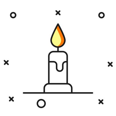 Beyaz arkaplanda izole edilmiş şamdan ikonunda yanan mum. Silindirik mum çubuğu ve yanan ateş. Düz çizgili, gölgeli. Vektör