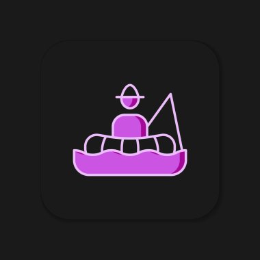 Bir teknede oturup siyah arka planda izole edilmiş bir çubuk ikonuyla balık tutan bir balıkçı. Düz çizgili, gölgeli. Vektör