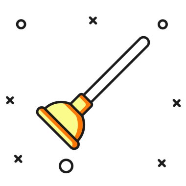 Beyaz arka planda izole edilmiş boru temizleme ikonu için ahşap kabzalı kauçuk pompası ile doldurulmuş. Tuvalet pompası. Düz çizgili, gölgeli. Vektör