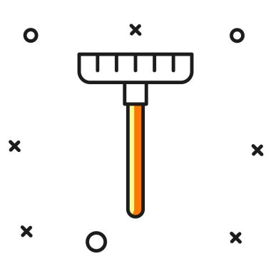 Doldurulmuş bahçe tırmığı simgesi beyaz arkaplanda izole edildi. Bahçecilik, tarım, çiftçilik aleti. Toprak işçisi. Temizlik ekipmanları. Düz çizgili, gölgeli. Vektör