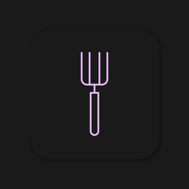 Siyah arkaplanda izole edilmiş bahçe yabası simgesi. Bahçe çatalı işareti. Bahçecilik, tarım, çiftçilik aleti. Düz çizgili, gölgeli. Vektör