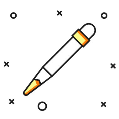 Beyaz arkaplanda izole edilmiş silgi simgesiyle doldurulmuş kalem. Çizim ve eğitim araçları. Okul sembolü. Düz çizgili, gölgeli. Vektör