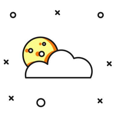 Doldurulmuş Ay ve yıldız simgesi beyaz arkaplanda izole edildi. Bulutlu gece işareti. Uyku rüyalarının sembolü. Dolunay. Gece ya da yatak zamanı tabelası. Düz çizgili, gölgeli. Vektör