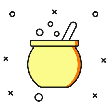 Beyaz arka planda izole edilmiş ana hatlı cadılar bayramı cadı kazanı ikonu. Mutlu Cadılar Bayramı Partisi. Düz çizgili, gölgeli. Vektör