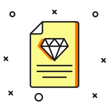 Beyaz arka planda izole edilmiş elmas simgesinin ana hatlarıyla dolu sertifikası. Düz çizgili, gölgeli. Vektör