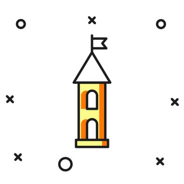 Beyaz arka planda izole edilmiş ana hatlı Castle kulesi simgesi. Kale işareti. Düz çizgili, gölgeli. Vektör