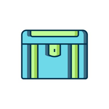 Beyaz arka planda izole edilmiş Antik hazine sandığı simgesi. Altın sikkeli klasik tahta sandık. Düz çizgili, gölgeli. Vektör