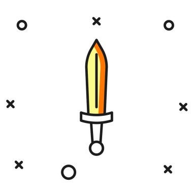 Ortaçağ kılıç simgesi beyaz arka planda izole edildi. Ortaçağ silahı. Düz çizgili, gölgeli. Vektör