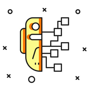 Beyaz arkaplanda izole edilmiş ana hatlı İnsansı robot simgesi. Yapay zeka, makine öğrenme, bulut hesaplama. Düz çizgili, gölgeli. Vektör