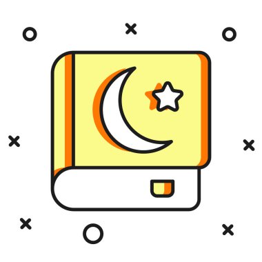 Beyaz arka planda izole edilmiş kutsal Kur 'an ikonu ana hatlarıyla dolu. Müslüman bayramı, Kurban Bayramı, Kurban Bayramı, Ramazan Kareem. Düz çizgili, gölgeli. Vektör