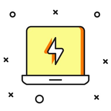 Doldurulmuş dizüstü bilgisayar simgesi beyaz arkaplanda izole edildi. Boş ekran işaretli bilgisayar defteri. Düz çizgili, gölgeli. Vektör