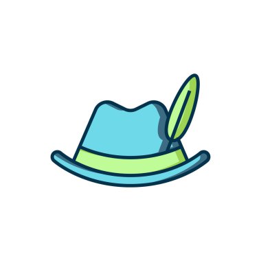 Özet doldurulmuş Oktoberfest şapka simgesi beyaz arkaplanda izole edildi. Tüylü avcı şapkası. Alman şapkası. Düz çizgili, gölgeli. Vektör