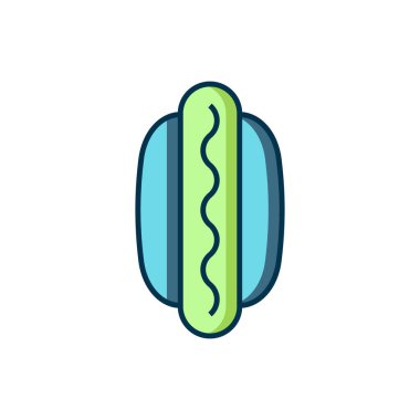 Beyaz arka planda izole edilmiş hardal ikonlu Hotdog sandviçi. Sosis ikonu. Fast food burcu. Düz çizgili, gölgeli. Vektör