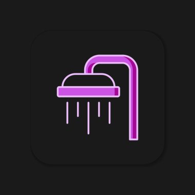 Ana hatları doldurulmuş duş başlığı siyah arkaplanda izole edilmiş su damlalarıyla dolu. Düz çizgili, gölgeli. Vektör