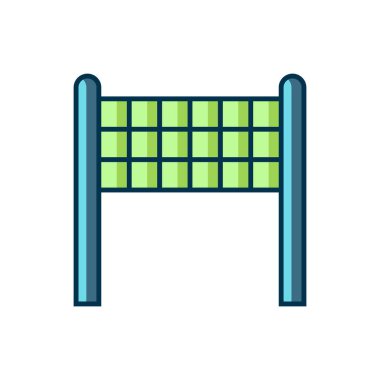 Doldurulmuş ana hatlı voleybol ağı simgesi beyaz arkaplanda izole edildi. Düz çizgili, gölgeli. Vektör