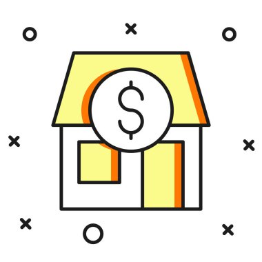 Doldurulmuş ana hatlı alışveriş binası veya market simgesi beyaz arka planda izole edilmiş. Dükkan inşaatı. Düz çizgili, gölgeli. Vektör