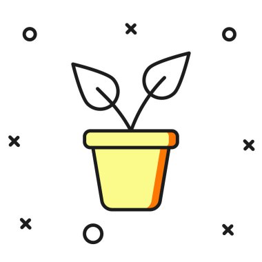 Doldurulmuş bitki özü beyaz arkaplanda izole edilmiş tencere simgesi. Tencerede yetişen bir bitki. Saksı bitkisi işareti. Düz çizgili, gölgeli. Vektör