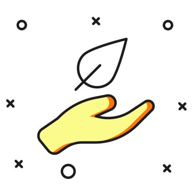 Doldurulmuş El beyaz arkaplanda izole edilmiş bitki ikonunun bir yaprağını tutuyor. Doğayı koru. Yaprak, çevre korumasıyla çekiliyor. Düz çizgili, gölgeli. Vektör