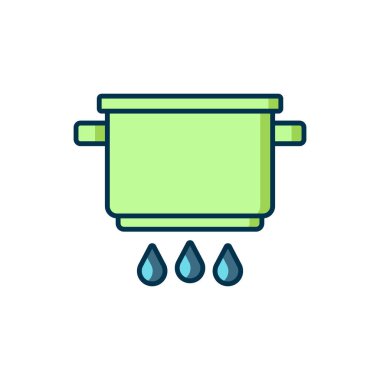 Beyaz arka planda izole edilmiş ateş ikonunda ana hatlarıyla pişirme kabı. Haşlama ya da güveç besin sembolü. Düz çizgili, gölgeli. Vektör