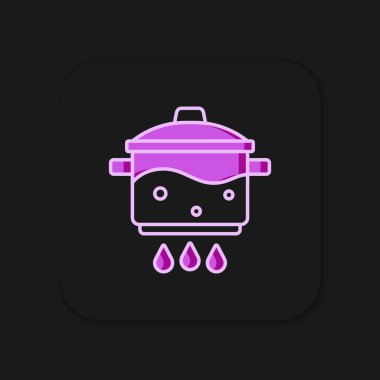 Siyah arka planda izole edilmiş ateş ikonunda ana hatlarıyla pişirme kabı. Haşlama ya da güveç besin sembolü. Düz çizgili, gölgeli. Vektör