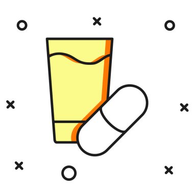 Beyaz arka planda izole edilmiş, ana hatlı uyku hapı ikonu. Düz çizgili, gölgeli. Vektör