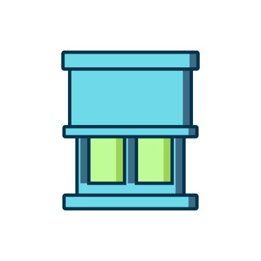 Pencereyi beyaz arkaplanda izole edilmiş oda simgesindeki perdelerle doldurdum. Düz çizgili, gölgeli. Vektör