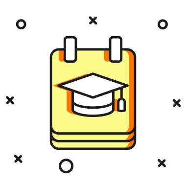 Çevrimiçi eğitim ve mezuniyet ikonu doldurulmuş beyaz arka planda izole edilmiş. İnternetteki öğretmen monitörde. Giyinme ve video semineri öğrenme. Düz çizgili, gölgeli. Vektör