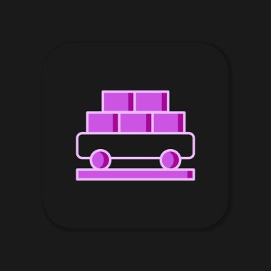 Kargo vagonu simgesi siyah arka planda izole edildi. Tam yük vagonu. Demiryolu taşımacılığı. Düz çizgili, gölgeli. Vektör