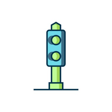 Doldurulmuş ana hatlı tren trafik ışığı simgesi beyaz arkaplanda izole edildi. Trenlerin hareketlerini düzenlemek için demiryolu için trafik ışıkları. Düz çizgili, gölgeli. Vektör