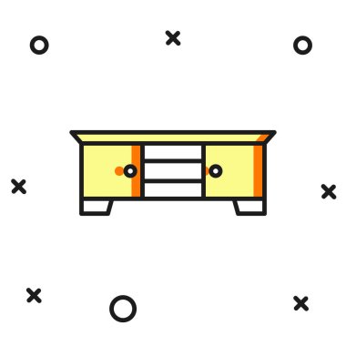 Doldurulmuş ana hatlı televizyon masası simgesi beyaz arkaplanda izole edildi. Düz çizgili, gölgeli. Vektör