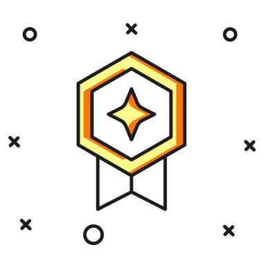 Beyaz arkaplanda izole edilmiş madalya ikonu ile oyun ana hatları dolduruldu. Oyun için seviye sonuçları. Düz çizgili, gölgeli. Vektör