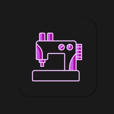 Siyah arkaplanda izole edilmiş ana hatlı dikiş makinesi simgesi. Düz çizgili, gölgeli. Vektör