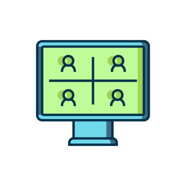 Beyaz arkaplanda izole edilmiş ana hatlı görüntülü sohbet ikonu. Çevrimiçi iş görüşmesi formu. Uzak proje yönetimi. Düz çizgili, gölgeli. Vektör