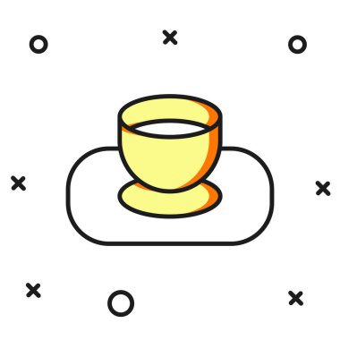 Beyaz arka planda izole edilmiş kabın içindeki Soya sosu. Düz çizgili, gölgeli. Vektör