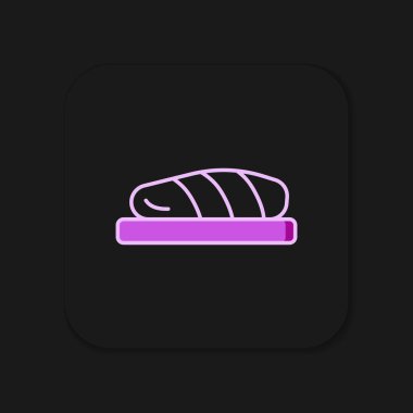 Siyah arka planda izole edilmiş, ana hatlı balık biftek ikonu. Düz çizgili, gölgeli. Vektör