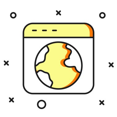 Doldurulmuş dünya çapında simge beyaz arkaplanda izole edildi. Yerküreye iğnele. Düz çizgili, gölgeli. Vektör